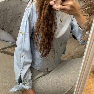 Zara Avocado + Fruit Embroidered Top w/ Bow Detail